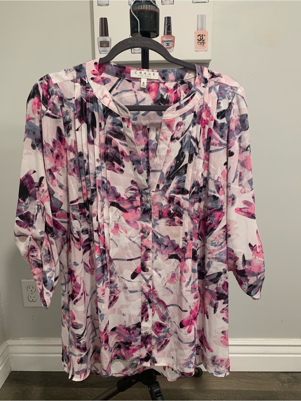 Chaus Pink and Purple Floral Pleated Women's Blouse -GB043